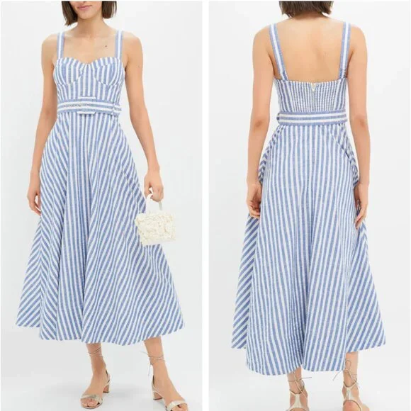 NEW Cara Cara Calypso Midi Dress Sz6 Ivory Blue Striped Seersucker Vacation - Picture 1 of 13